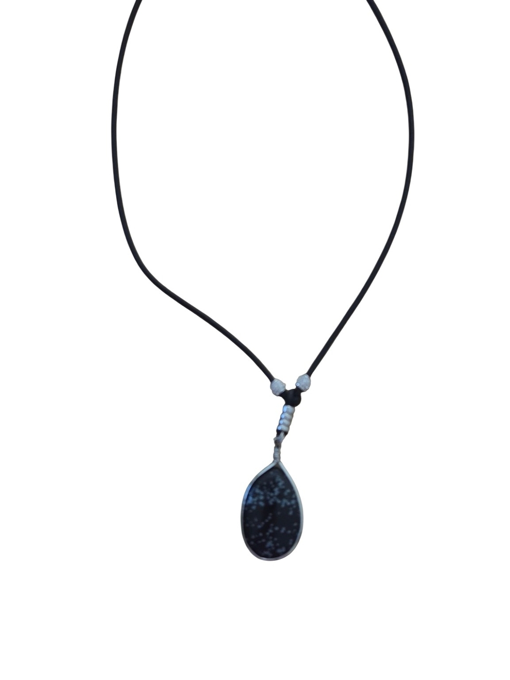 Black Teardrop Pendant Necklace with Snowflake Obsidian Stone - Women Jewelry